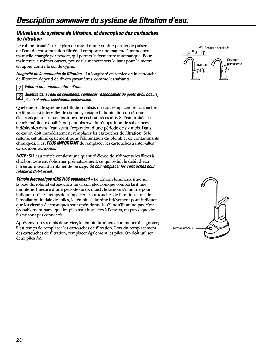 GE GXSL03C, GXSV10C Description sommaire du système de filtration d’eau, Volume de consommation d’eau 