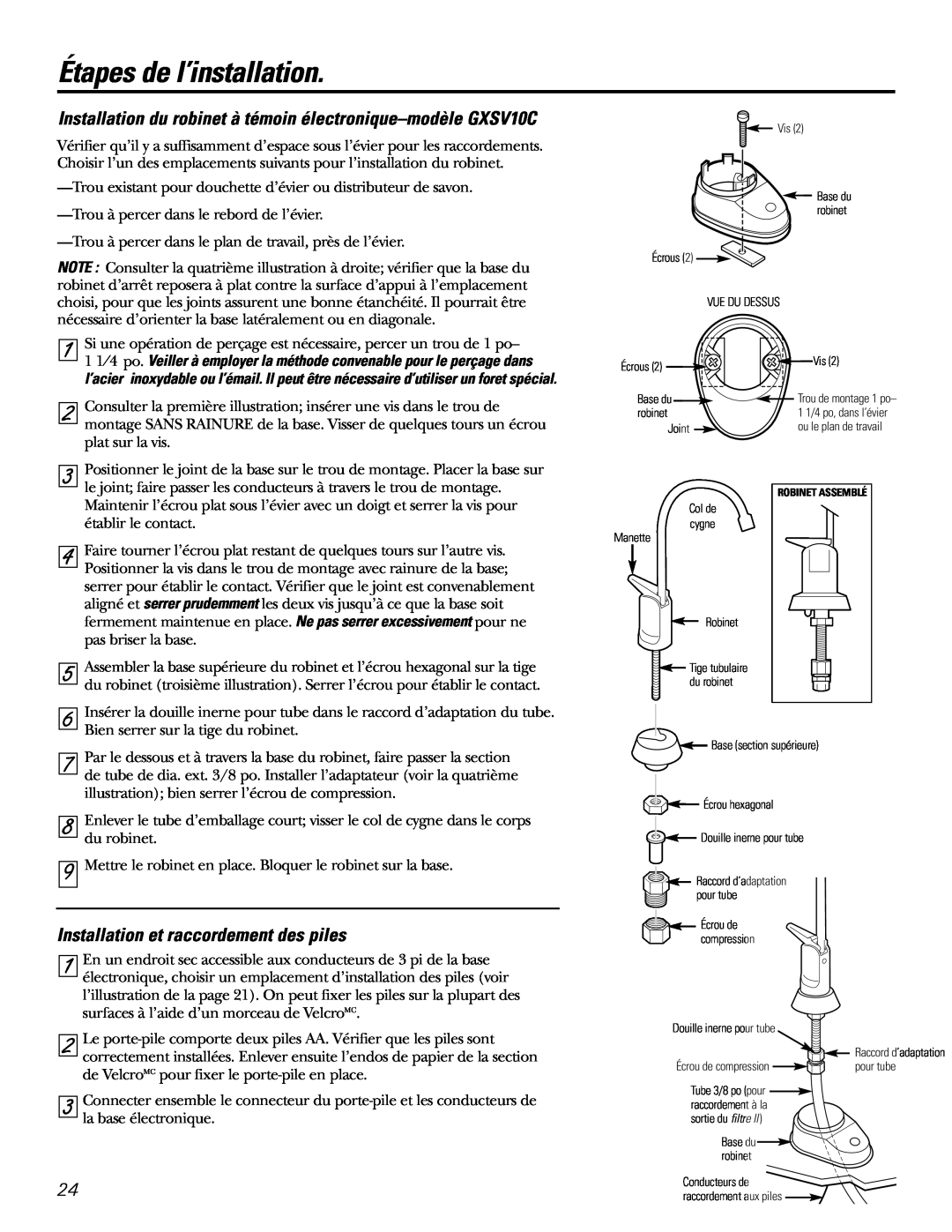 GE GXSL03C Installation du robinet à témoin électronique-modèle GXSV10C, Installation et raccordement des piles 