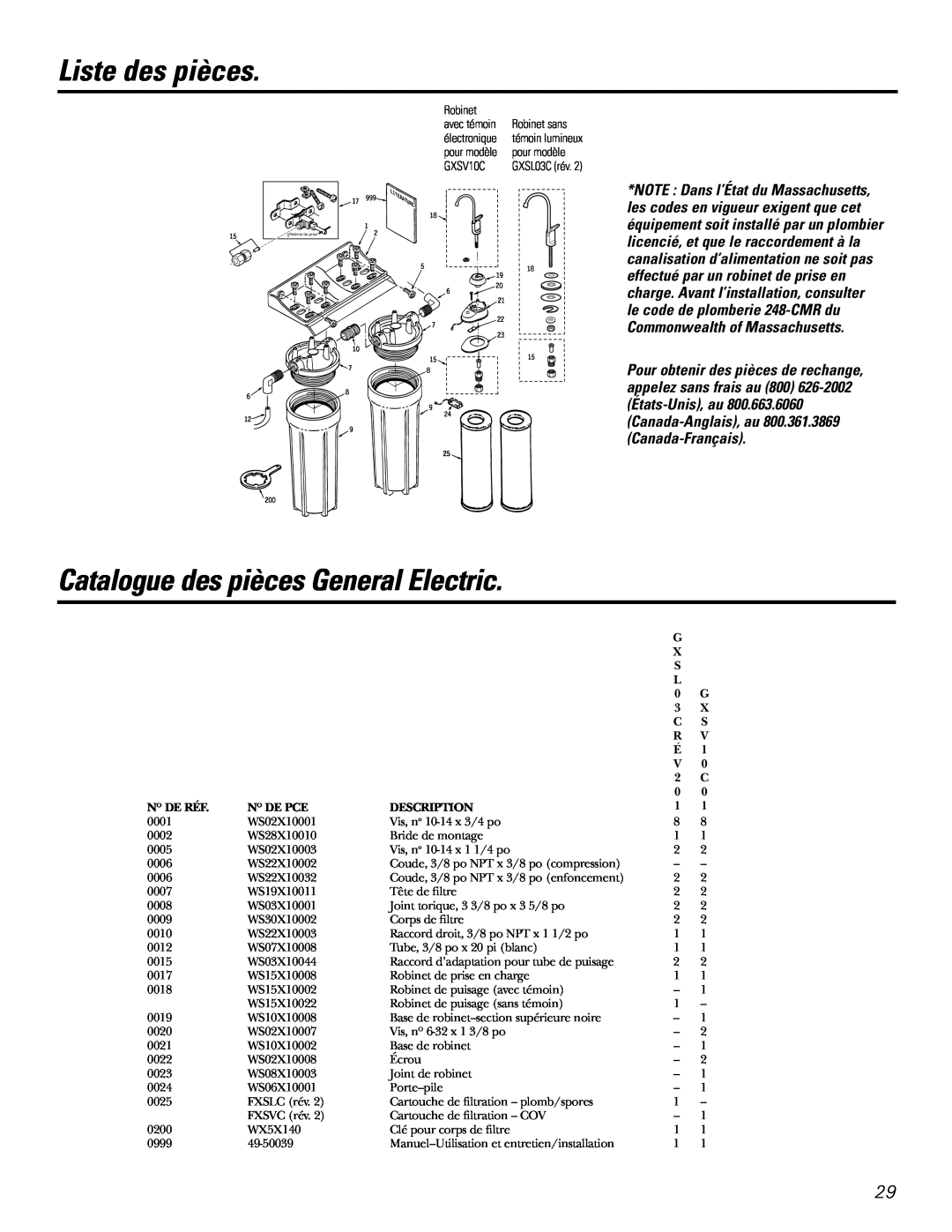 GE GXSV10C, GXSL03C Liste des pièces, Catalogue des pièces General Electric, N O De Réf, N O De Pce, Description 