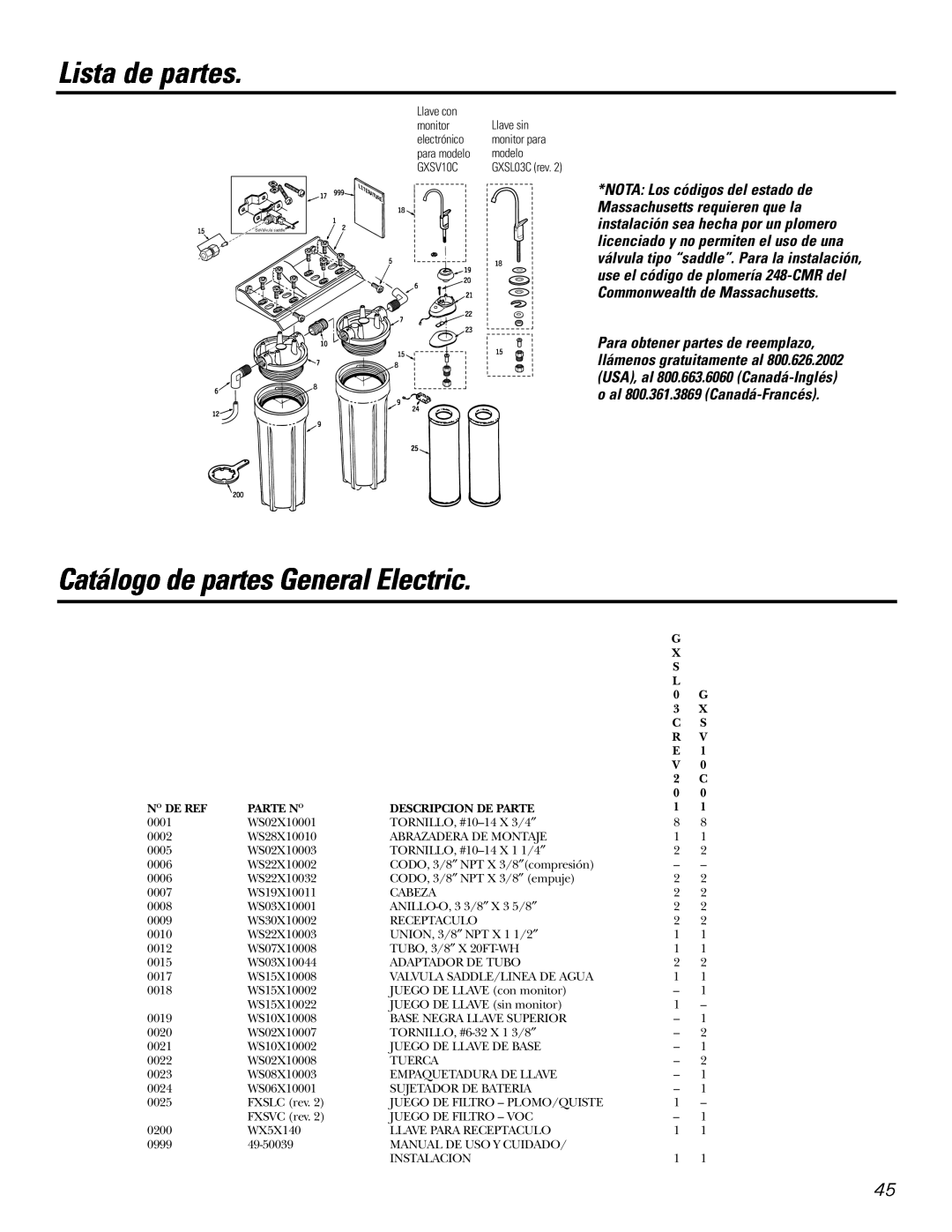 GE GXSV10C, GXSL03C Lista de partes, Catálogo de partes General Electric, N O De Ref, Parte N O, Descripcion De Parte 