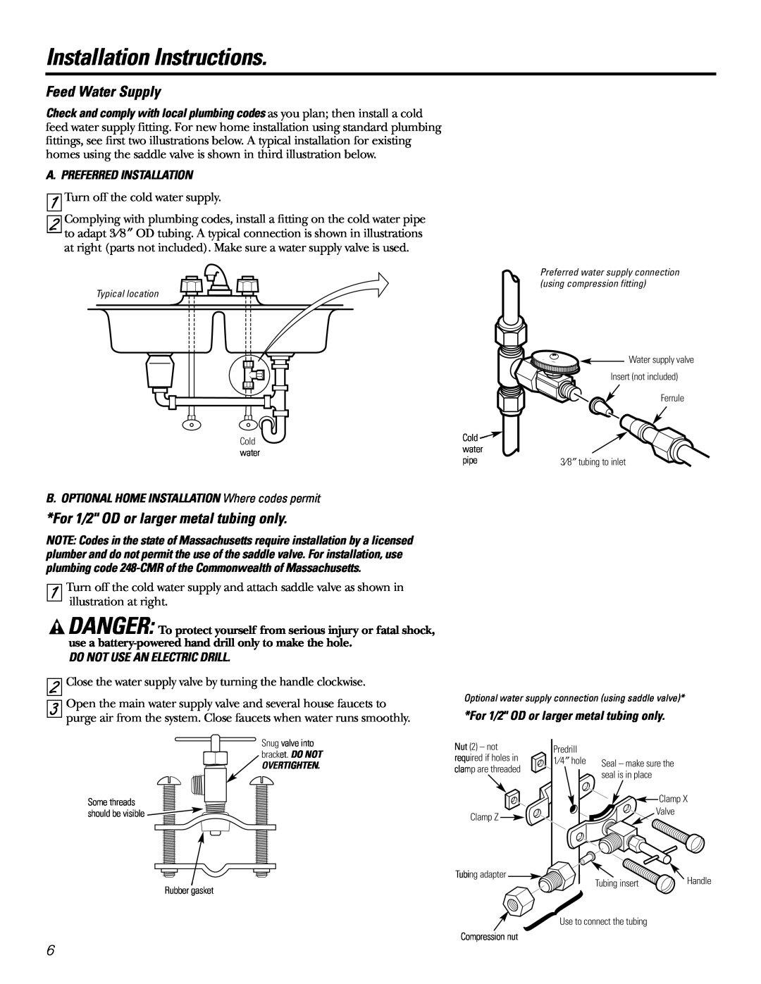 GE GXSL03C Feed Water Supply, For 1/2 OD or larger metal tubing only, A. Preferred Installation, Installation Instructions 