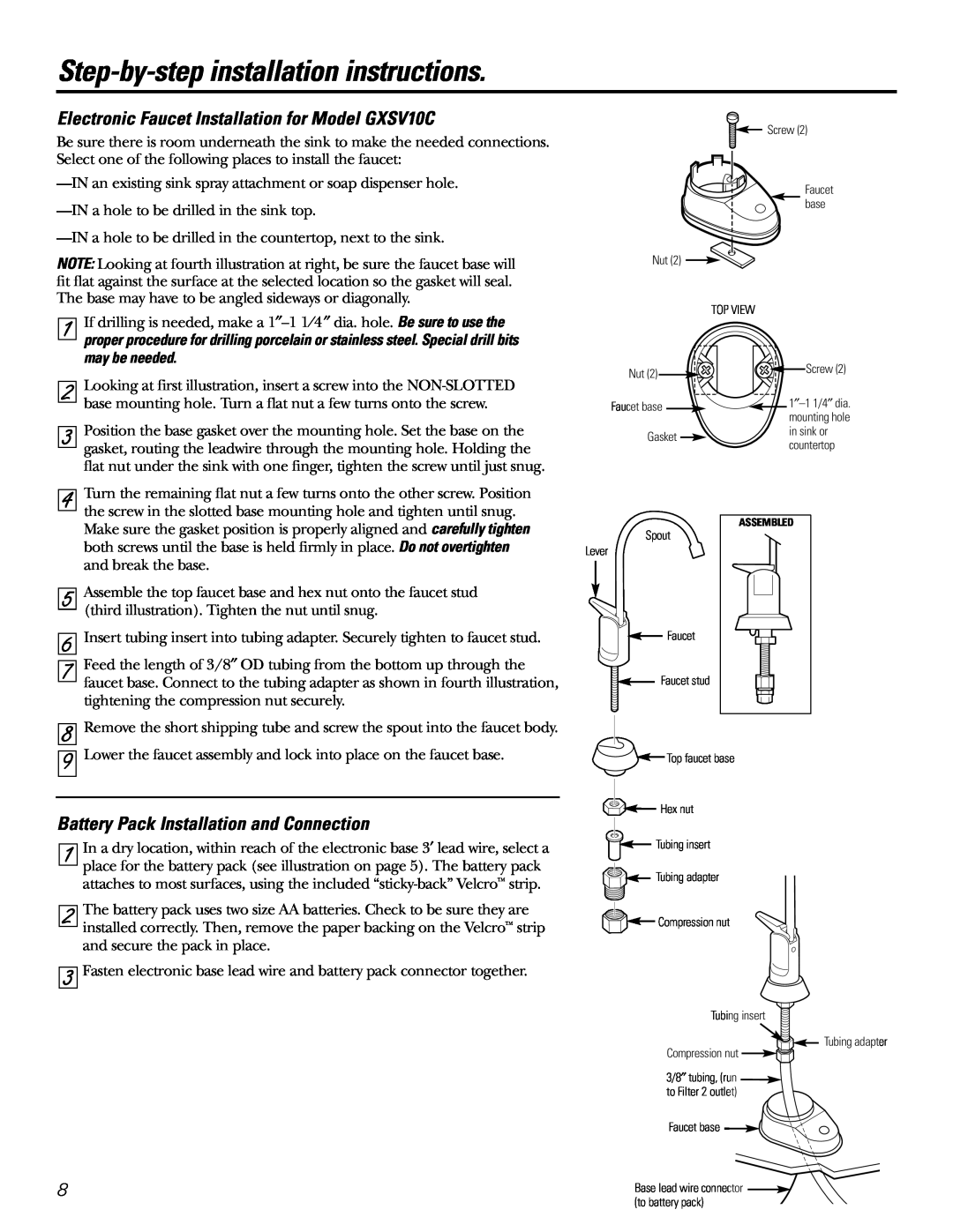 GE GXSL03C Electronic Faucet Installation for Model GXSV10C, Battery Pack Installation and Connection, Assembled 