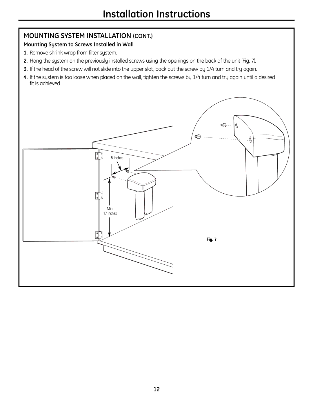 GE GXSL55R, GXSV65R owner manual Mounting System to Screws Installed in Wall 