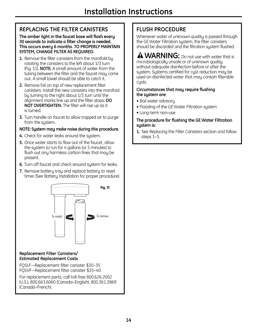 GE GXSL55R Replacing the Filter Canisters, Flush Procedure, Replacement Filter Canisters Estimated Replacement Costs 