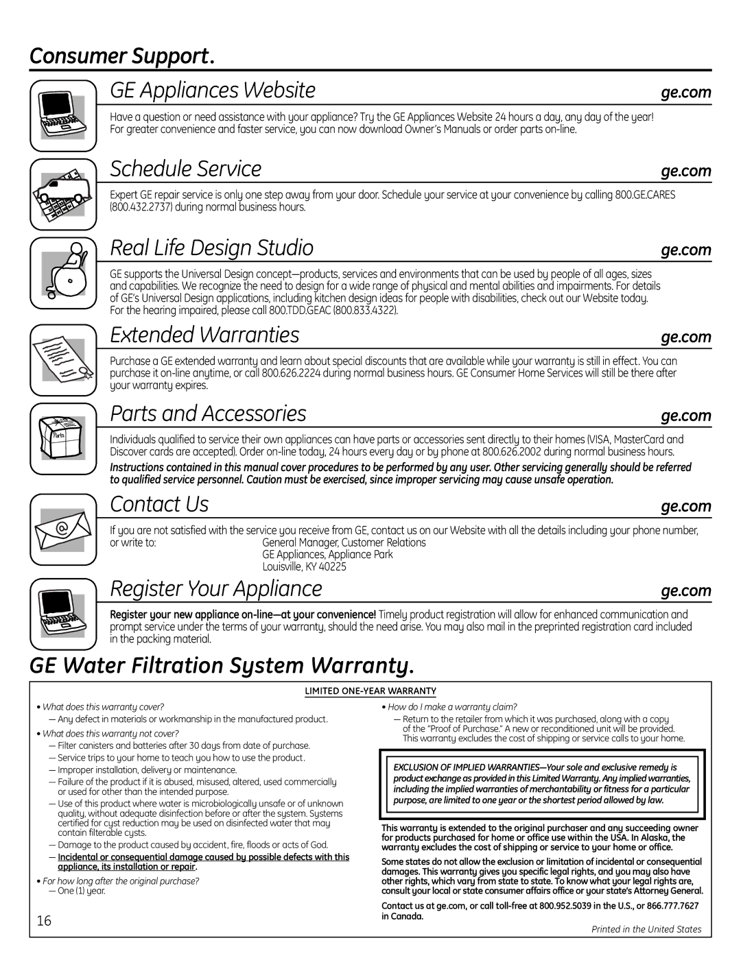 GE GXSL55R, GXSV65R Consumer Support GE Appliances Website, Schedule Service, Real Life Design Studio, Extended Warranties 