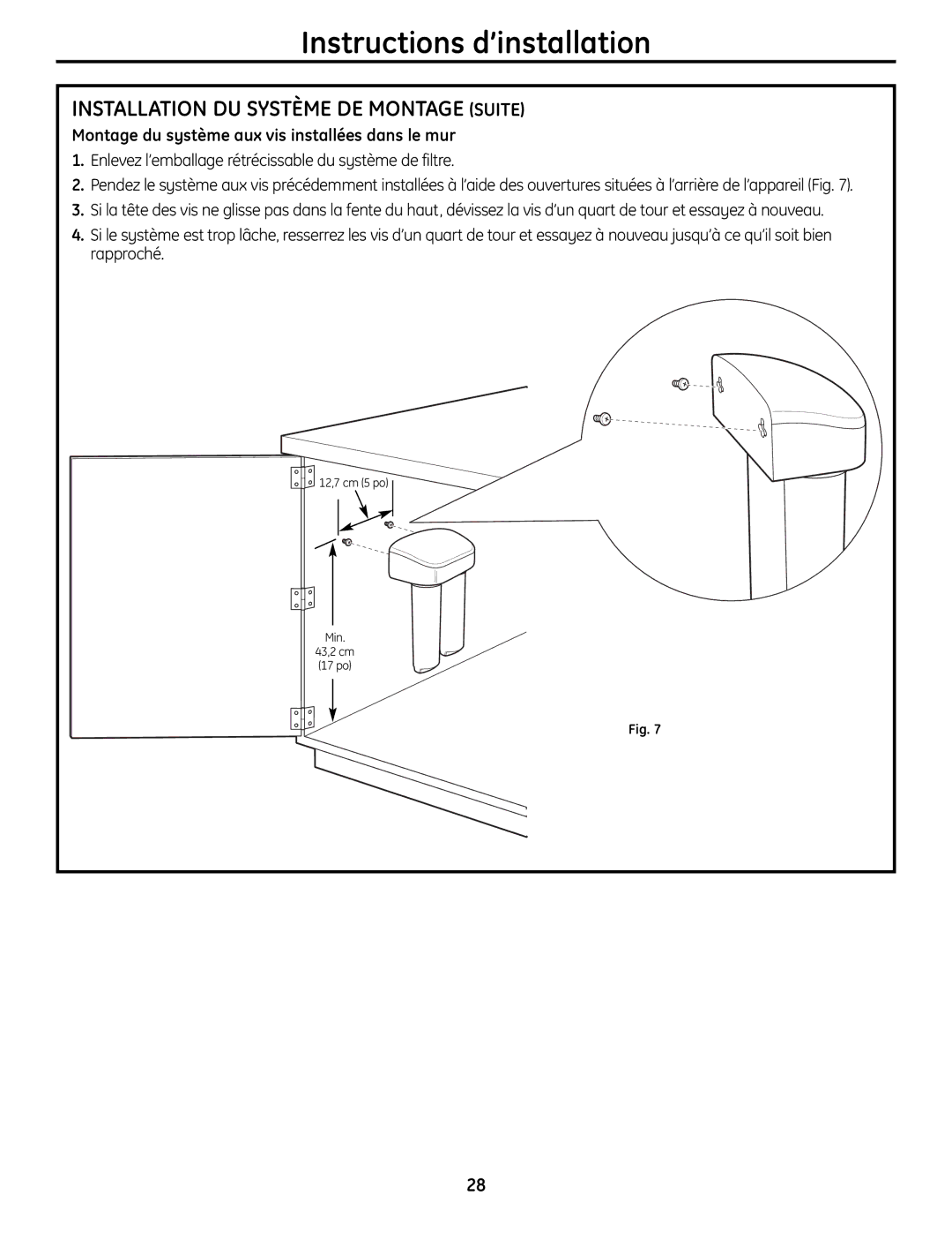 GE GXSL55R, GXSV65R owner manual Installation DU Système DE Montage Suite, Montage du système aux vis installées dans le mur 