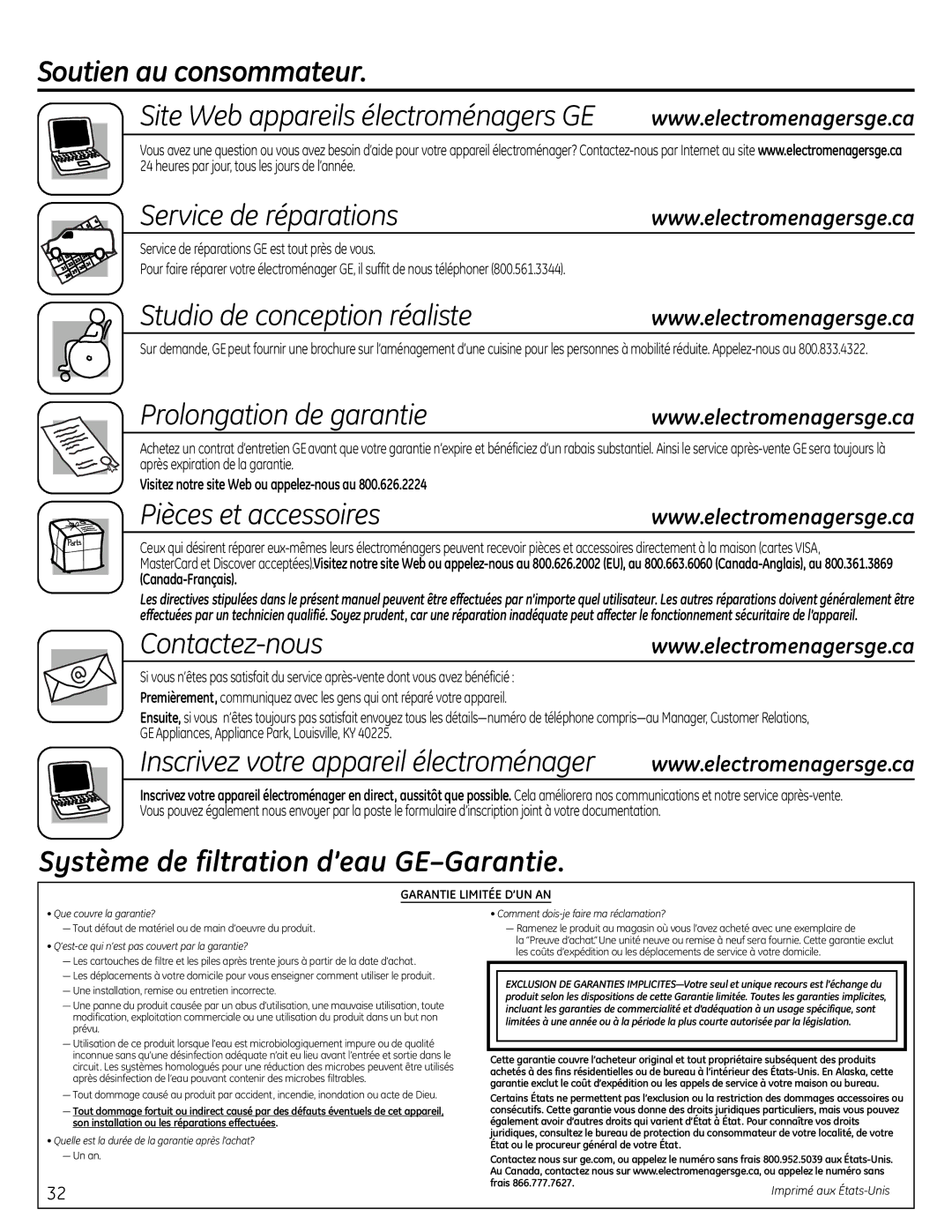 GE GXSL55R Soutien au consommateur, Service de réparations, Studio de conception réaliste, Prolongation de garantie 