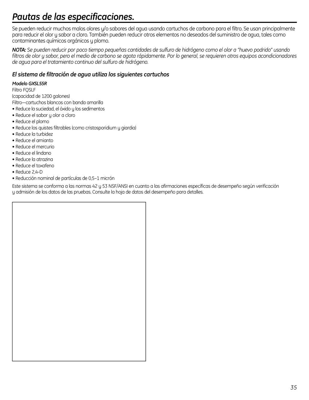 GE GXSV65R owner manual Pautas de las especificaciones, Modelo GXSL55R 