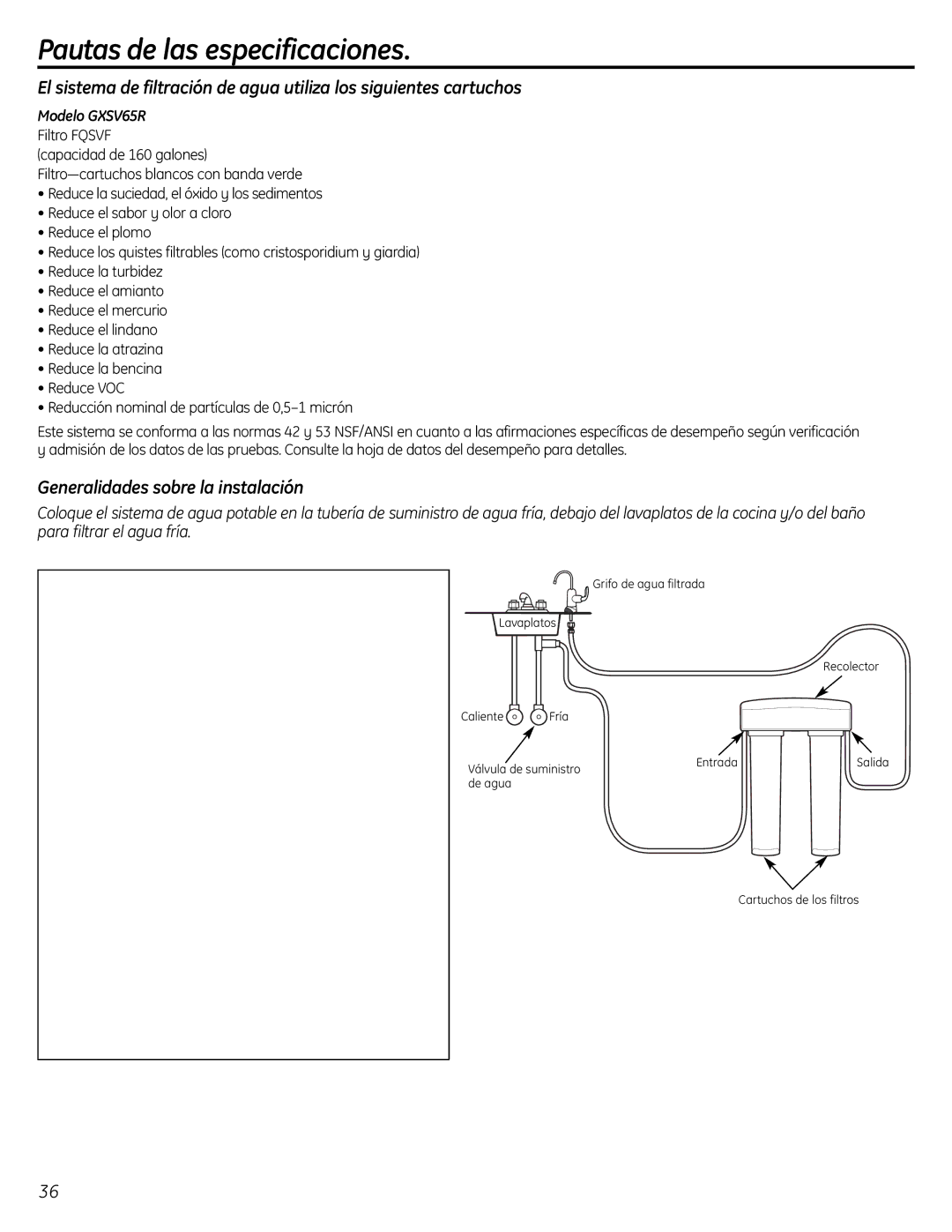 GE GXSL55R owner manual Pautasde las especificaciones, Generalidades sobre la instalación, Modelo GXSV65R 