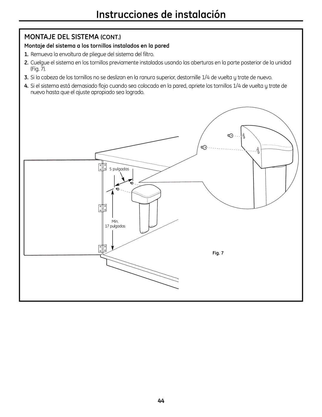 GE GXSL55R, GXSV65R owner manual Montaje del sistema a los tornillos instalados en la pared 