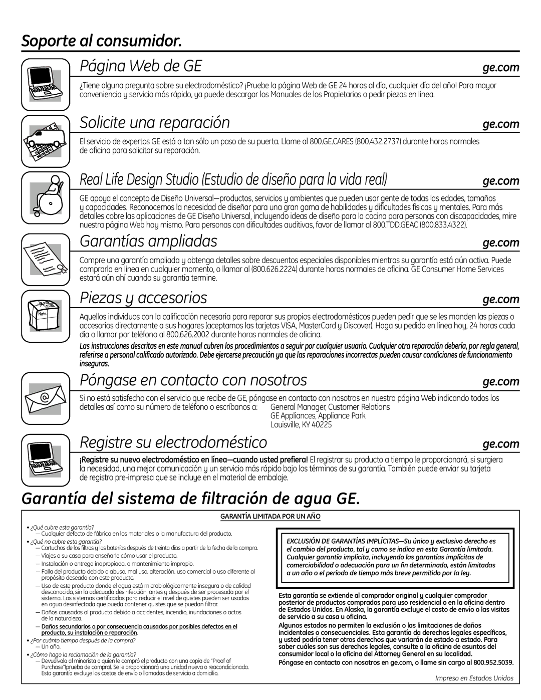 GE GXSL55R Soporte al consumidor Página Web de GE, Solicite una reparación, Garantías ampliadas, Piezas y accesorios 