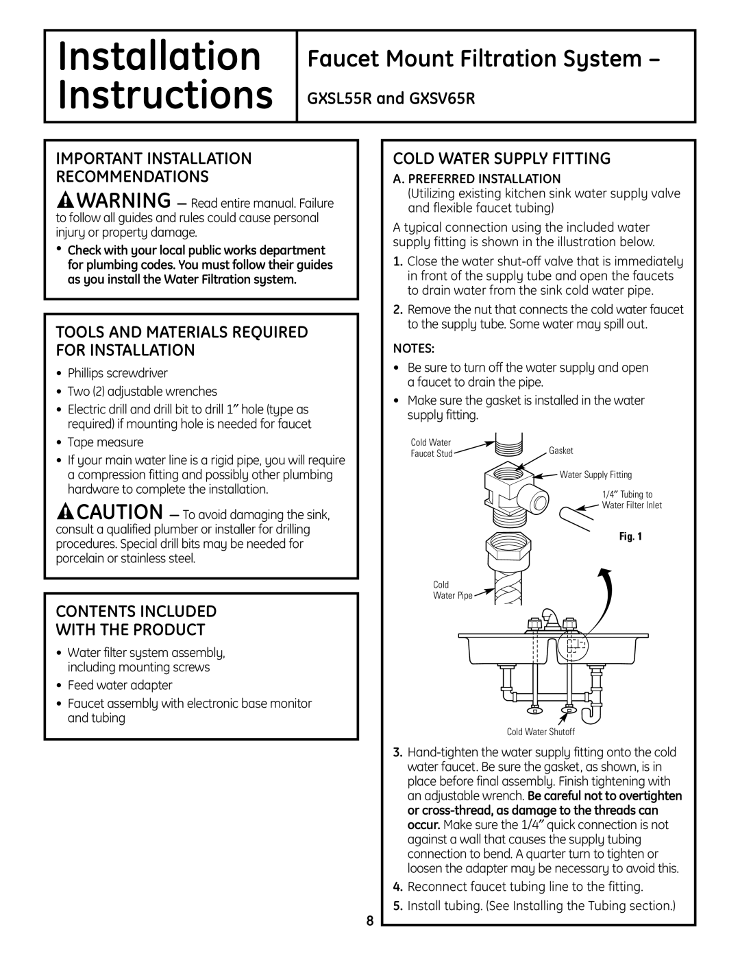 GE GXSL55R, GXSV65R Important Installation Recommendations, Contents Included With the Product, Cold Water Supply Fitting 