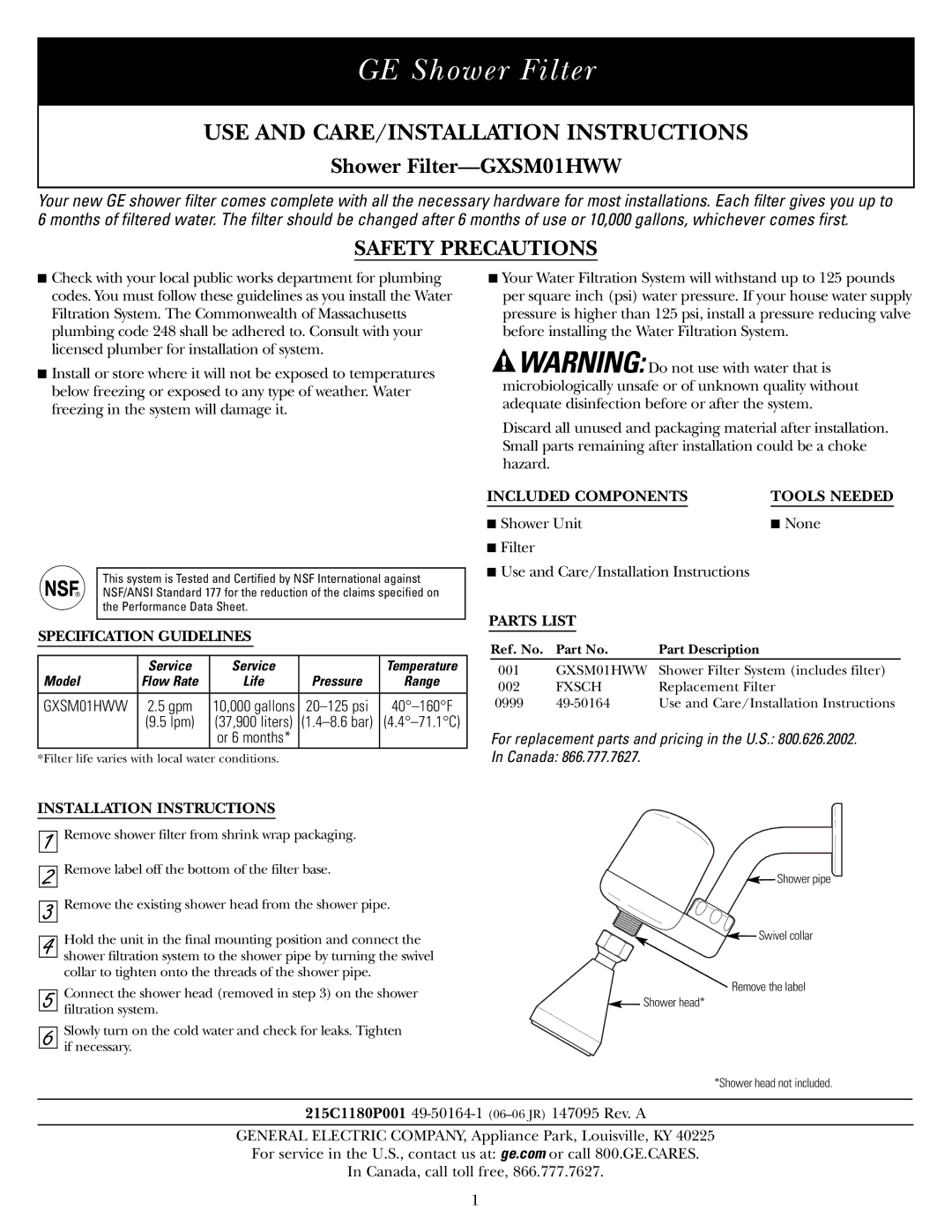 GE installation instructions GE Shower Filter, USE and CARE/INSTALLATION Instructions, Shower Filter-GXSM01HWW 