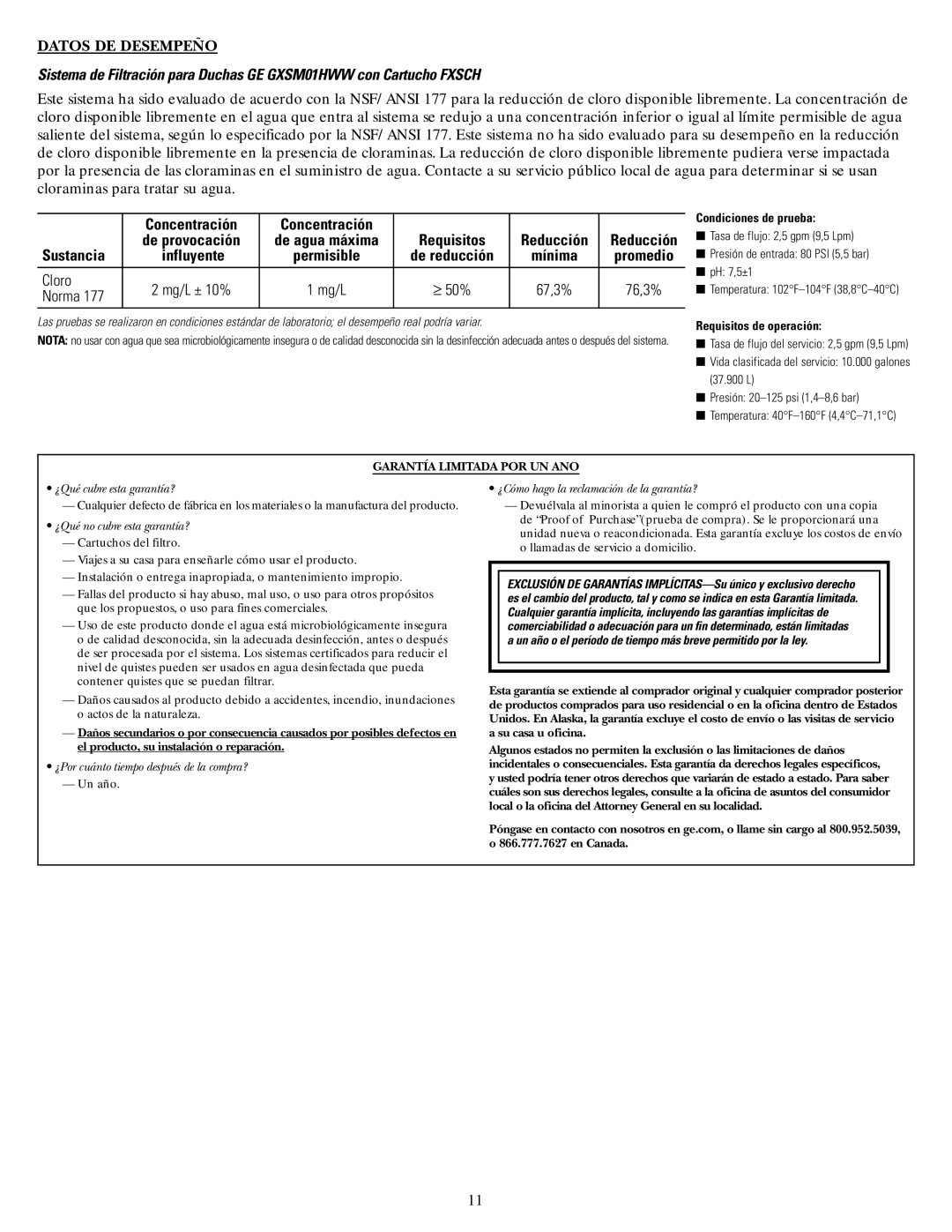 GE GXSM01HWW installation instructions Datos DE Desempeño, Concentración, Sustancia, Cloro, Norma 