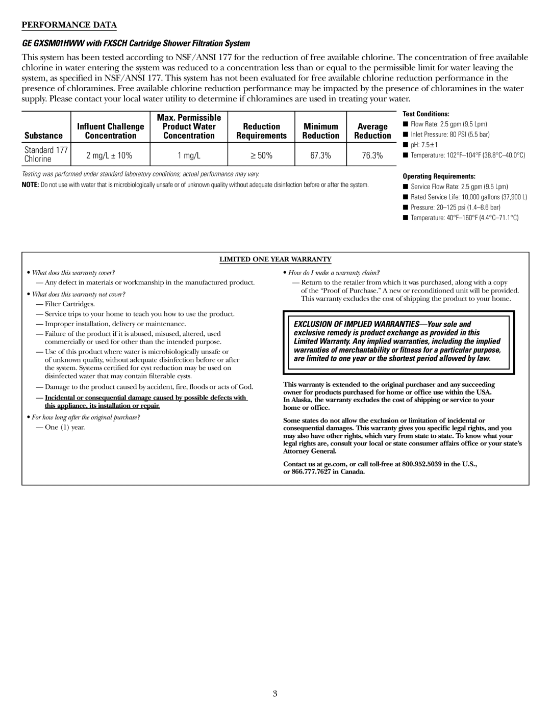 GE Performance Data, GE GXSM01HWW with Fxsch Cartridge Shower Filtration System, Substance, Mg/L ± 10%, Chlorine 
