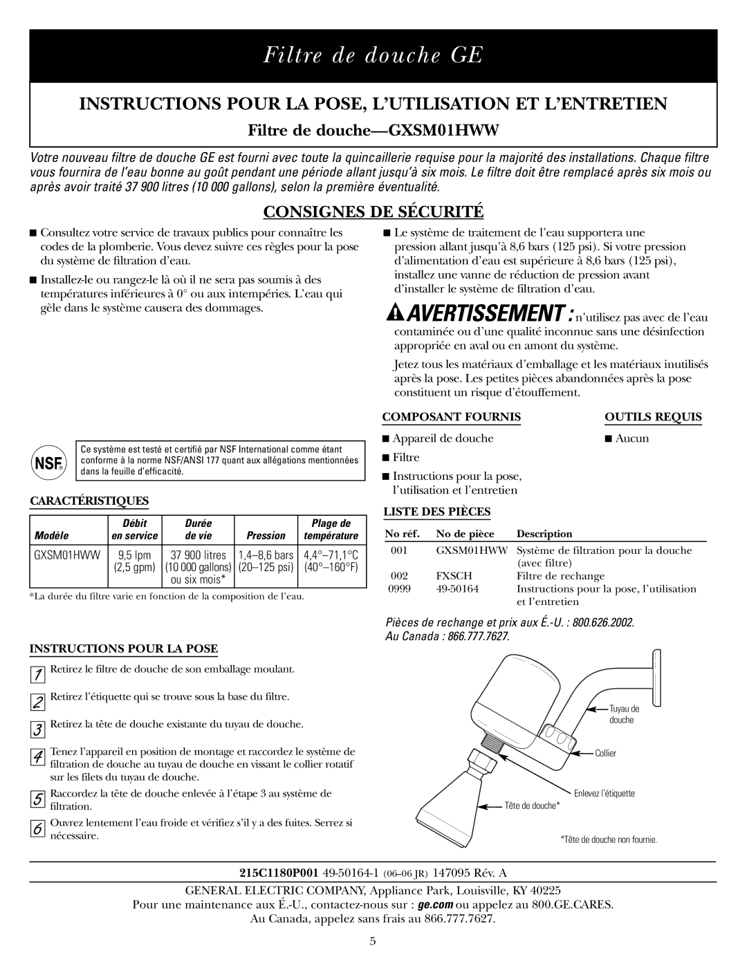 GE Filtre de douche GE, Instructions Pour LA POSE, L’UTILISATION ET L’ENTRETIEN, Filtre de douche-GXSM01HWW 