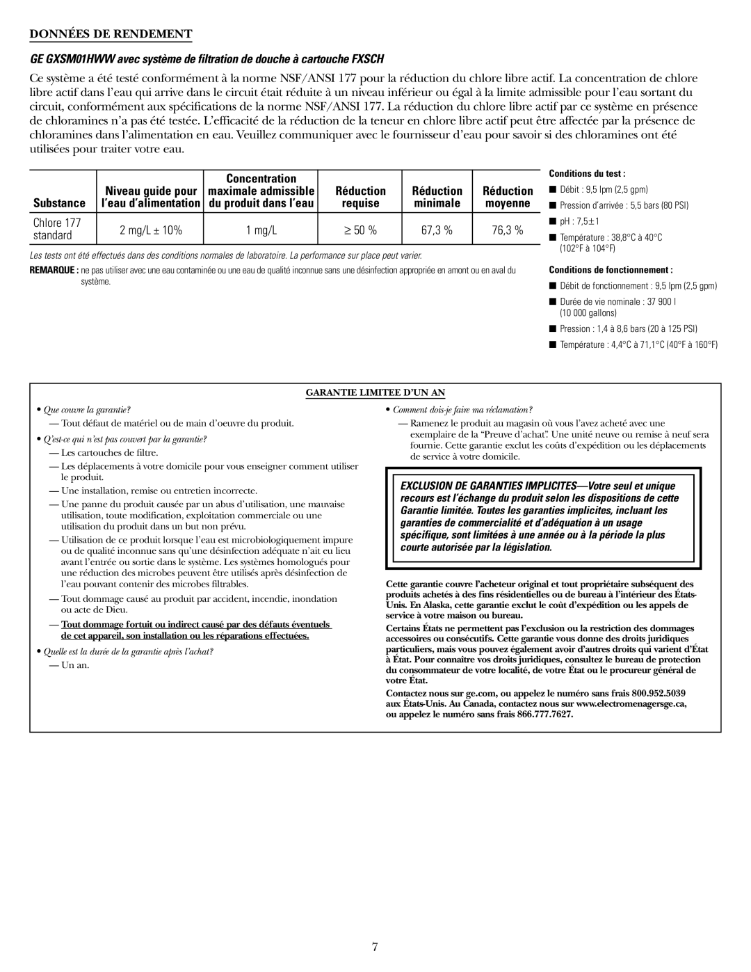 GE GXSM01HWW installation instructions Données DE Rendement, Concentration, Chlore, Standard 