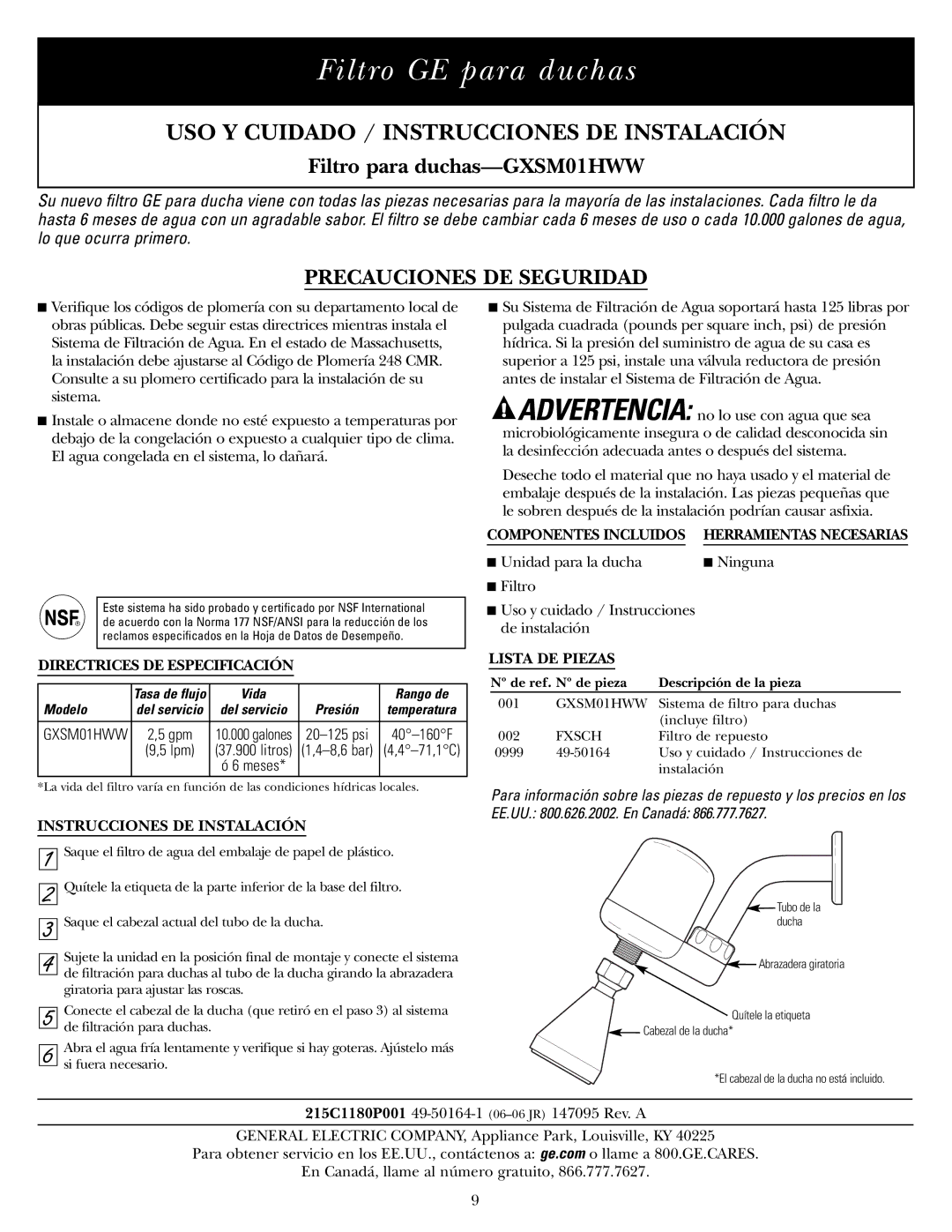 GE Filtro GE para duchas, USO Y Cuidado / Instrucciones DE Instalación, Filtro para duchas-GXSM01HWW 