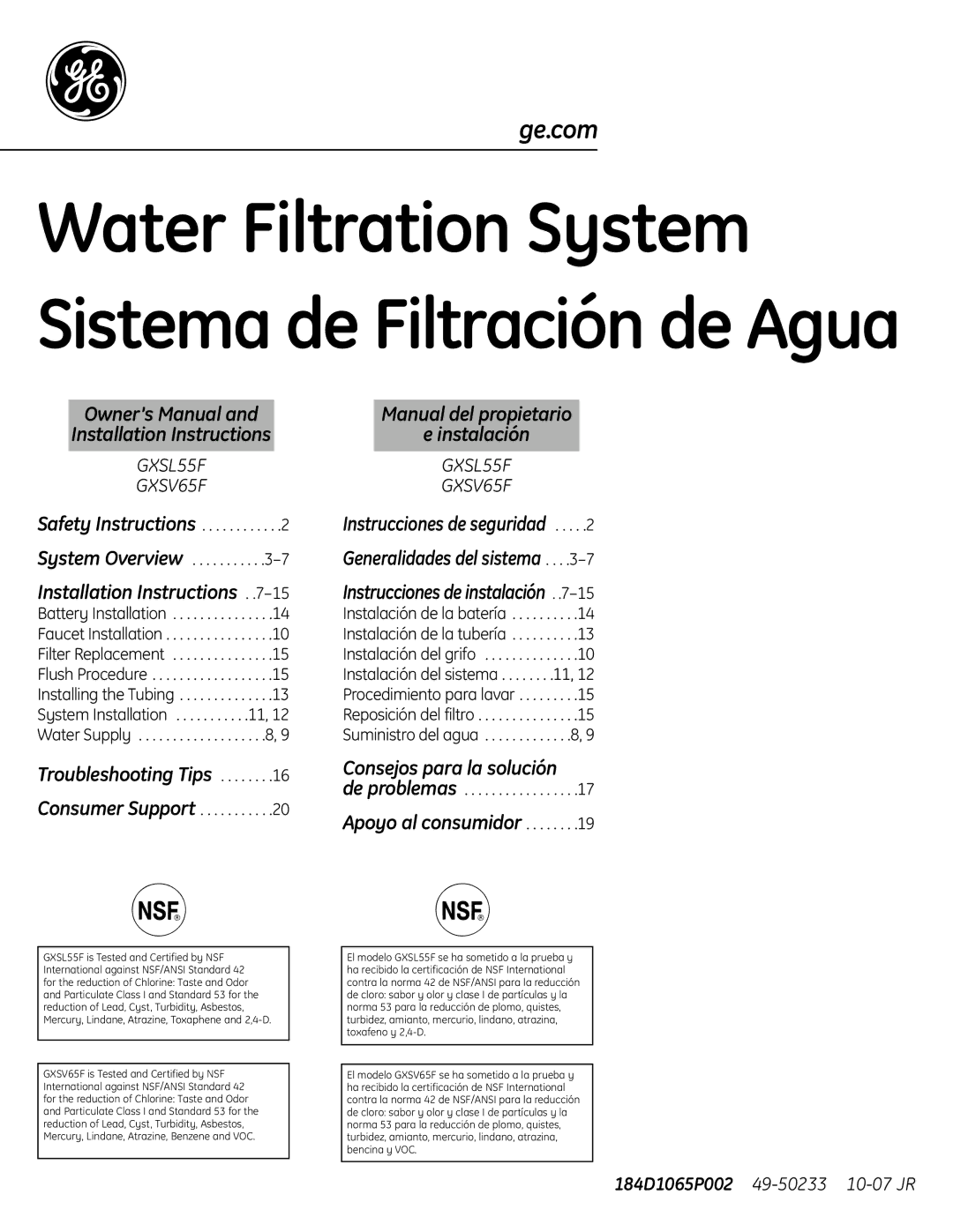 GE GXSL55F installation instructions Water Filtration System Sistema de Filtración de Agua, Manual del propietario 