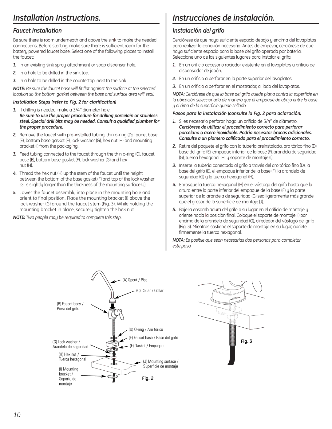 GE GXSV65F, GXSL55F Faucet Installation, Instalación del grifo, Installation Steps refer to for clarification 