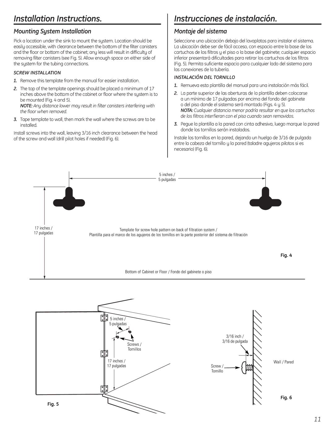 GE GXSL55F, GXSV65F installation instructions Mounting System Installation, Montaje del sistema 