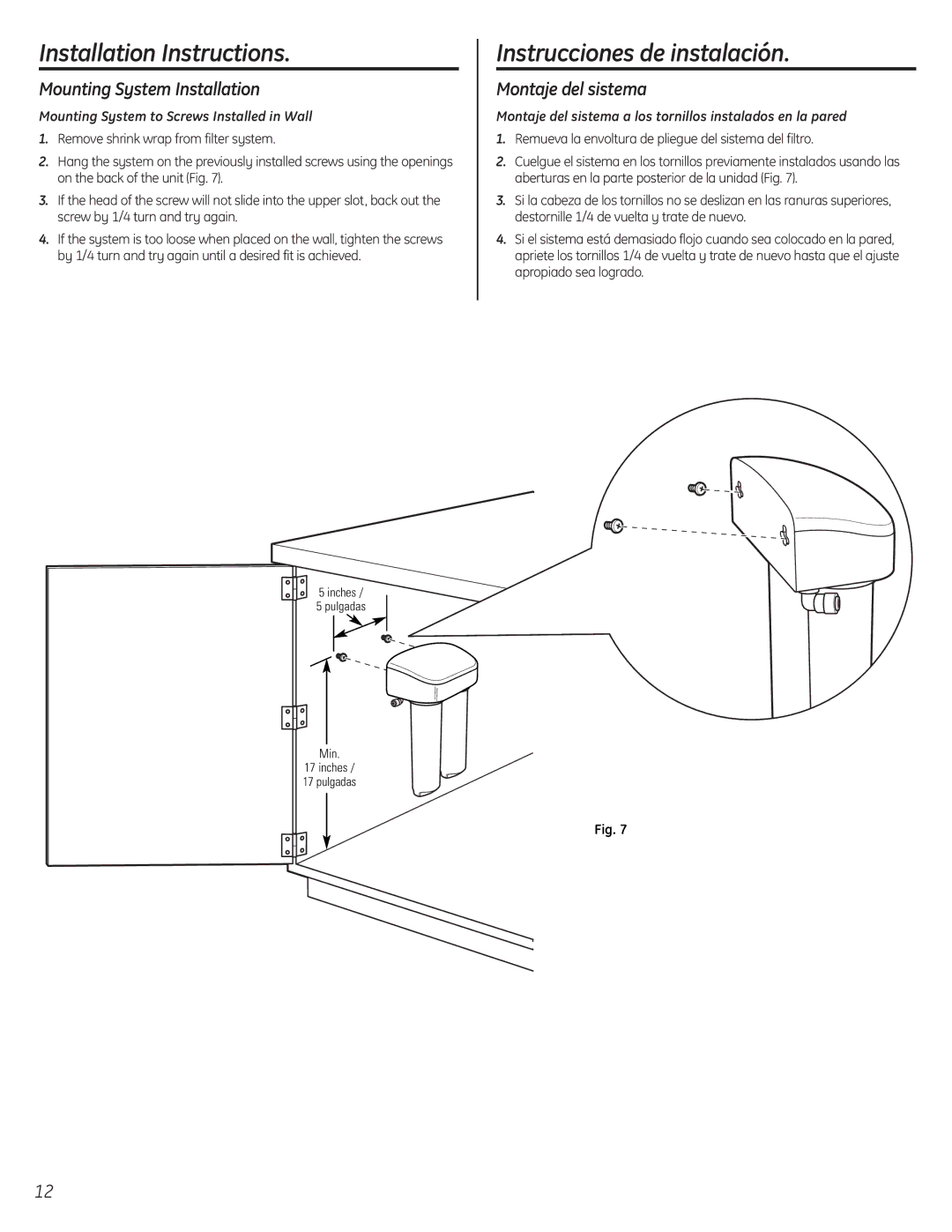 GE GXSV65F Mounting System to Screws Installed in Wall, Montaje del sistema a los tornillos instalados en la pared 