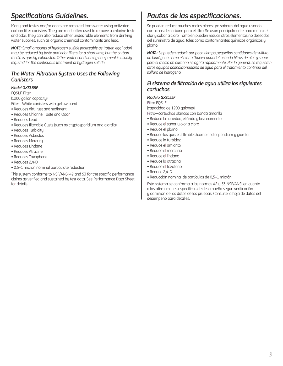 GE GXSV65F installation instructions Water Filtration System Uses the Following Canisters, Model GXSL55F, Modelo GXSL55F 