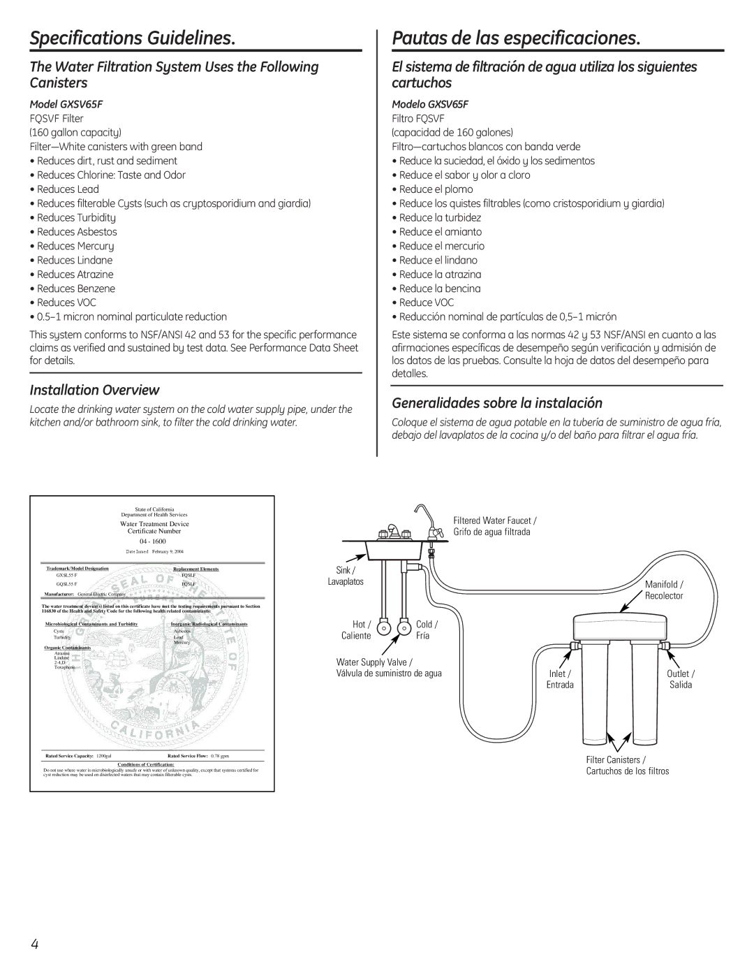 GE GXSL55F Installation Overview, Generalidades sobre la instalación, Model GXSV65F, Modelo GXSV65F 