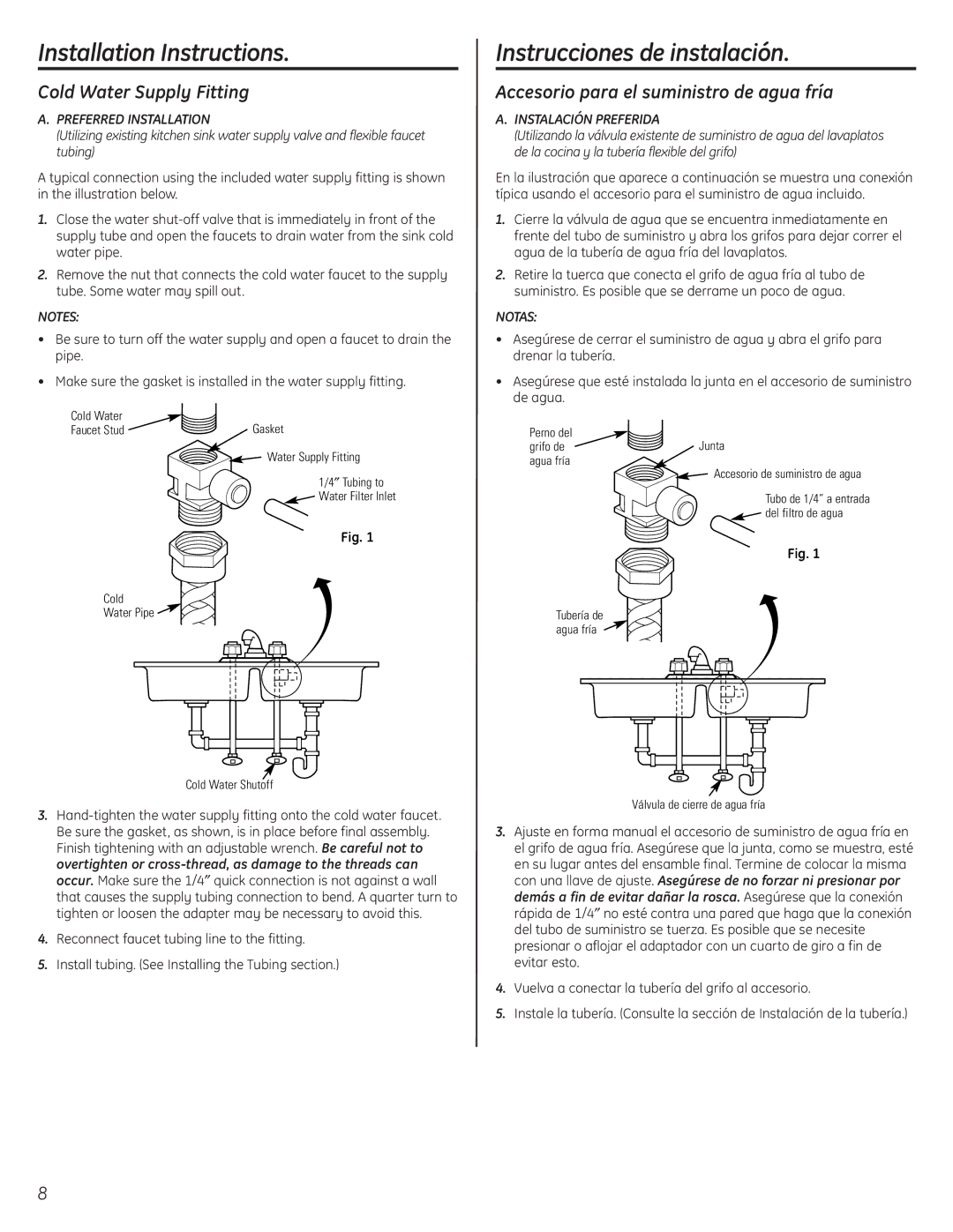 GE GXSV65F, GXSL55F installation instructions Cold Water Supply Fitting, Accesorio para el suministro de agua fría 