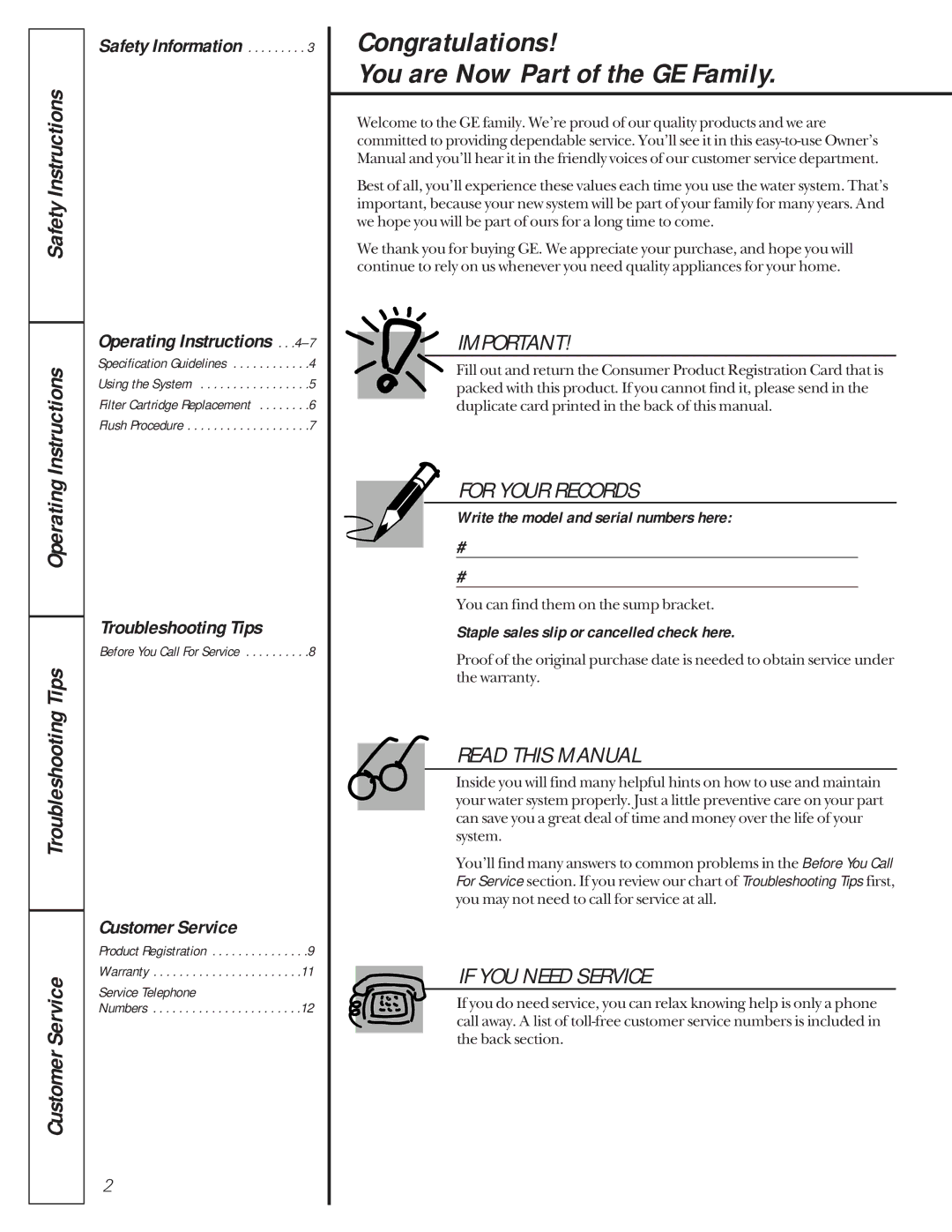 GE GXUT05Z Congratulations You are Now Part of the GE Family, Safety Information Operating Instructions, Service Telephone 