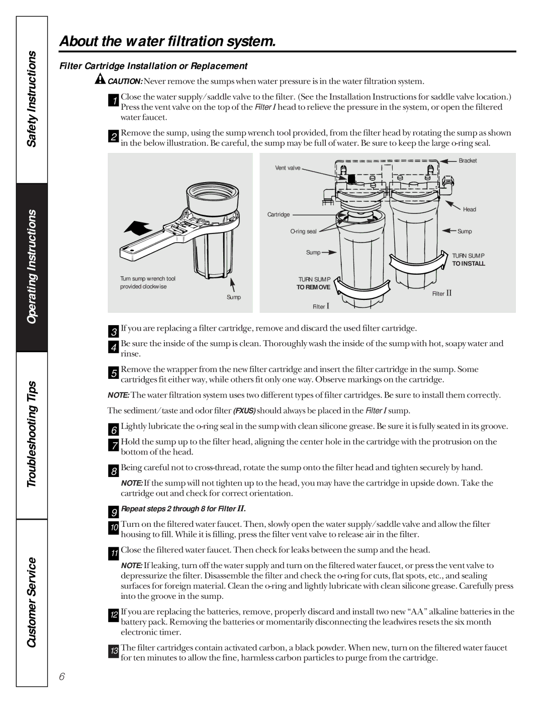 GE GXUV10Z, GXUL30Z, GXUT05Z owner manual Filter Cartridge Installation or Replacement 