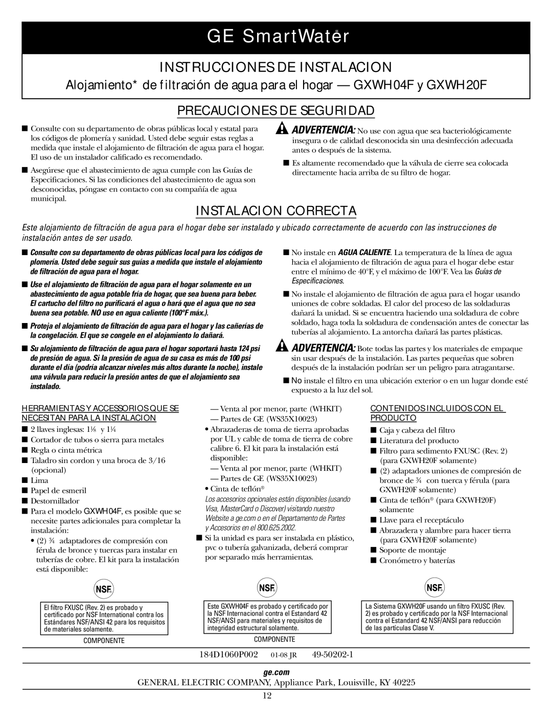 GE GXWH20F, GXWH04F installation instructions Instrucciones DE Instalacion 