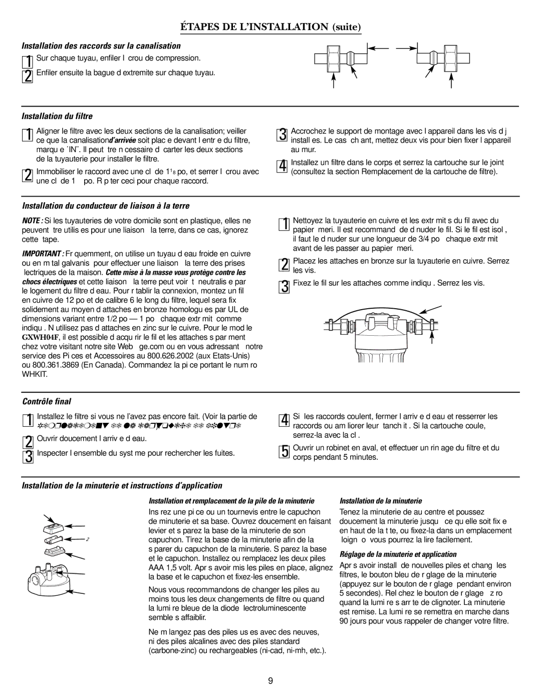 GE GXWH04F, GXWH20F Installation des raccords sur la canalisation, Installation du filtre, Contrôle final 