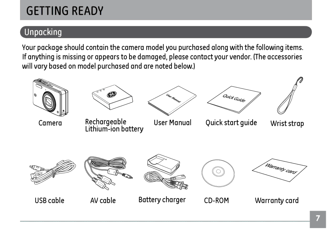 GE H855 manual Unpacking, Camera Rechargeable Quick start guide, Lithium-ion battery USB cable AV cable Battery charger 