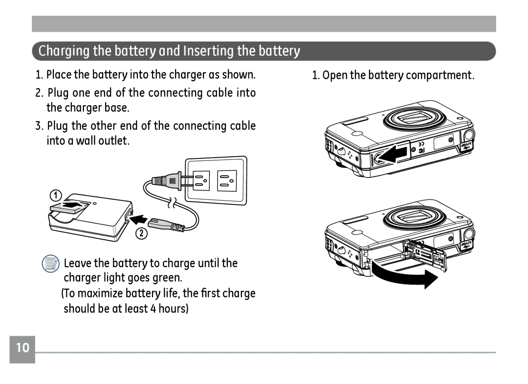 GE H855 manual Charging the battery and Inserting the battery 