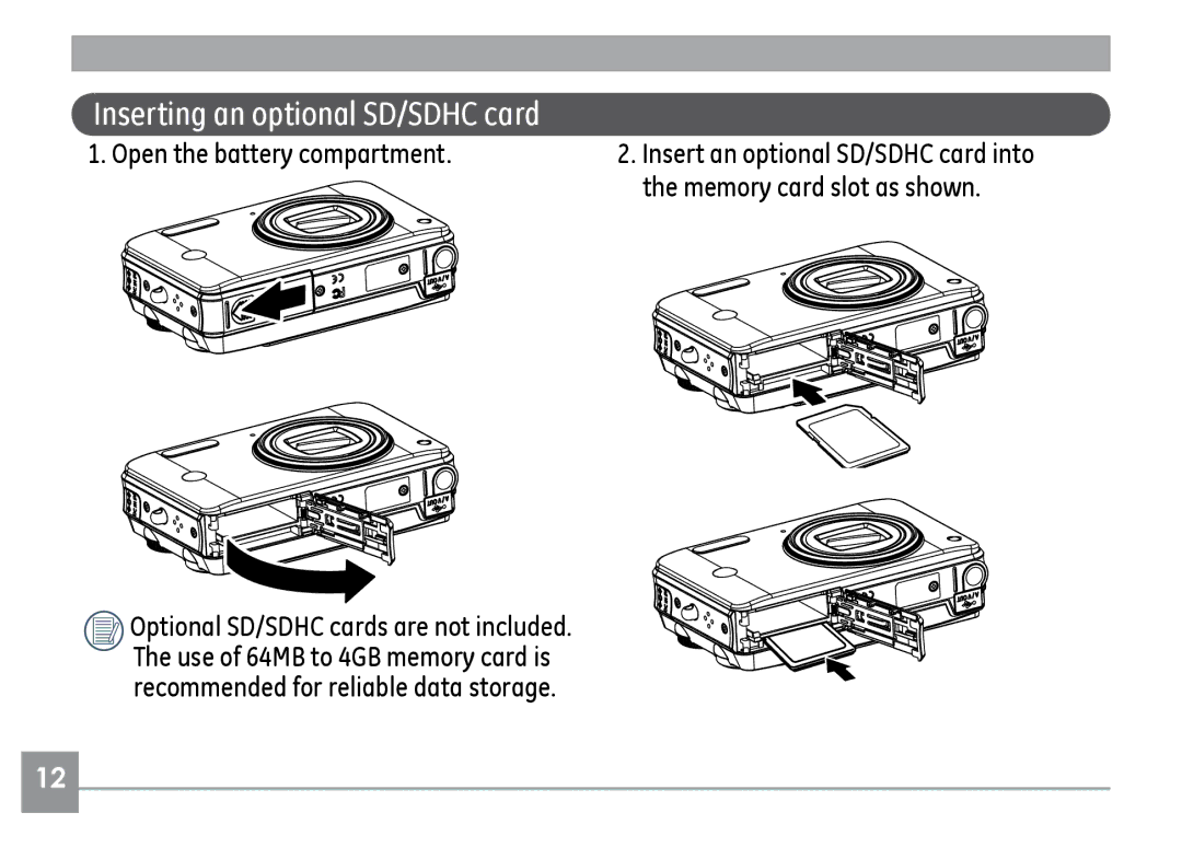 GE H855 manual Inserting an optional SD/SDHC card 