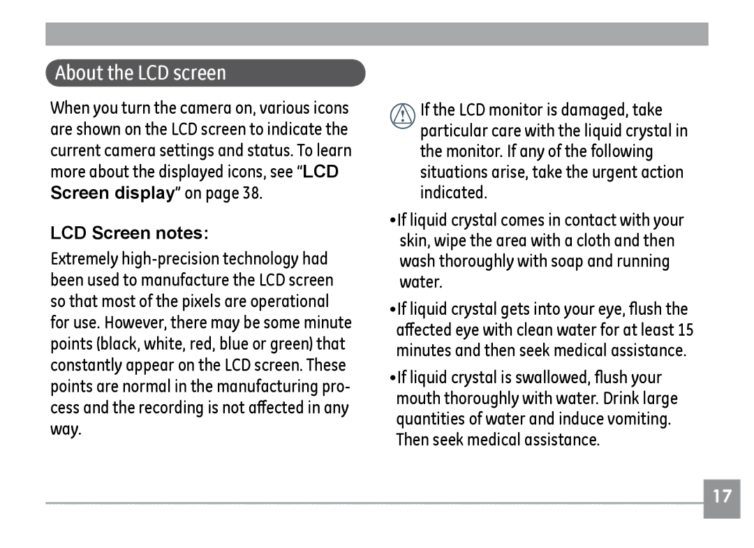 GE H855 manual About the LCD screen, LCD Screen notes 