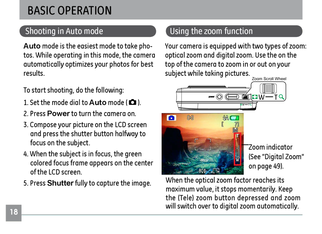 GE H855 manual Basic Operation, Shooting in Auto mode 