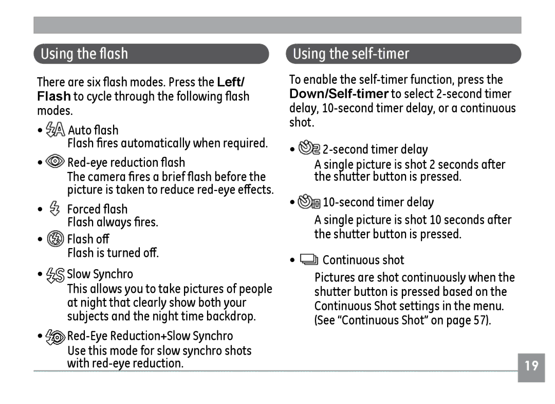 GE H855 manual Using the flash, Using the self-timer, Modes Auto flash, Red-eye reduction flash 