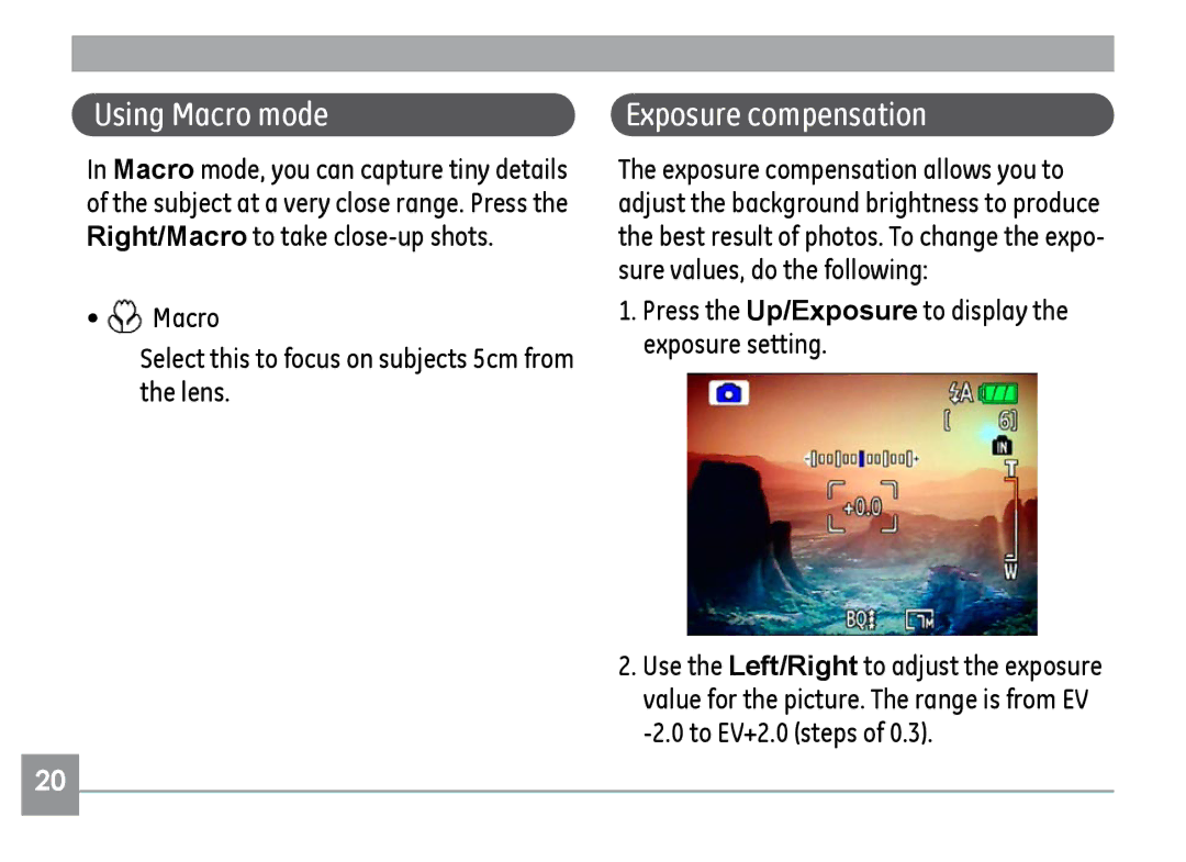 GE H855 manual Using Macro mode, Exposure compensation, Macro Select this to focus on subjects 5cm from the lens 