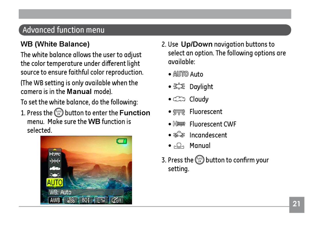 GE H855 manual Advanced function menu, WB White Balance 