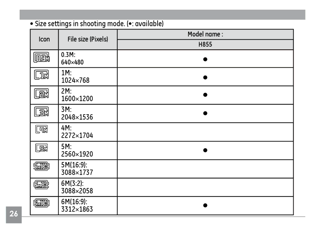 GE H855 manual Size settings in shooting mode. available 