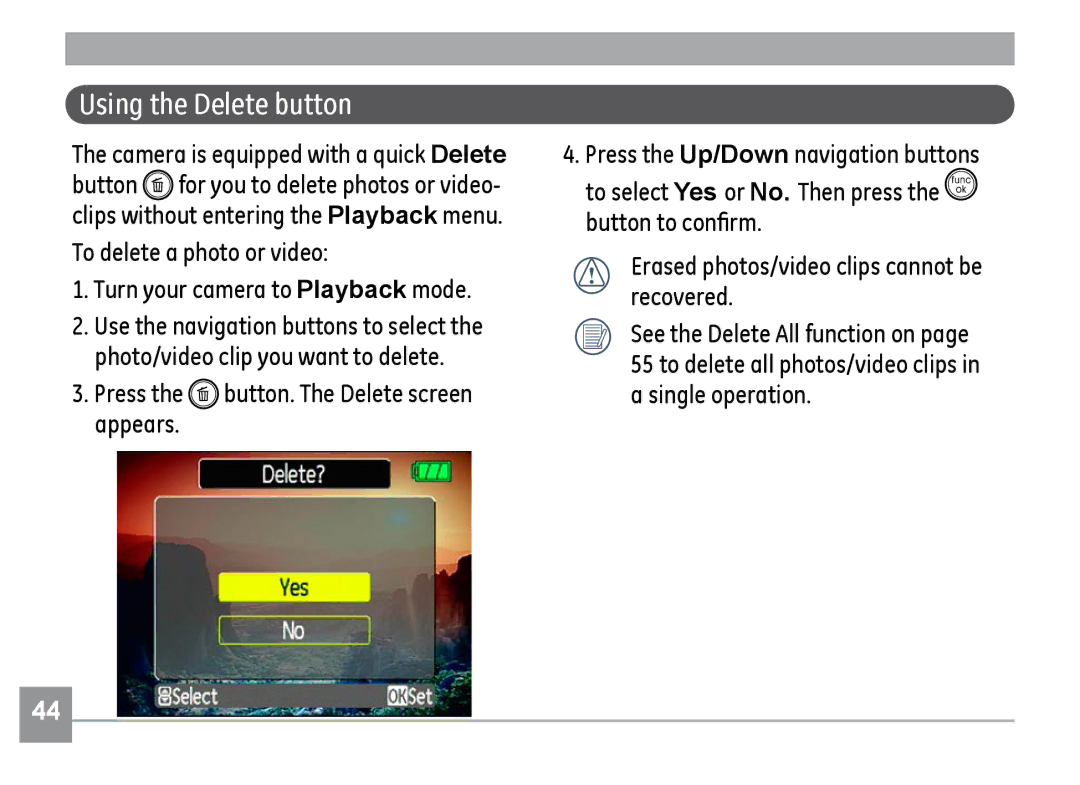 GE H855 manual Using the Delete button, To delete a photo or video Turn your camera to Playback mode 