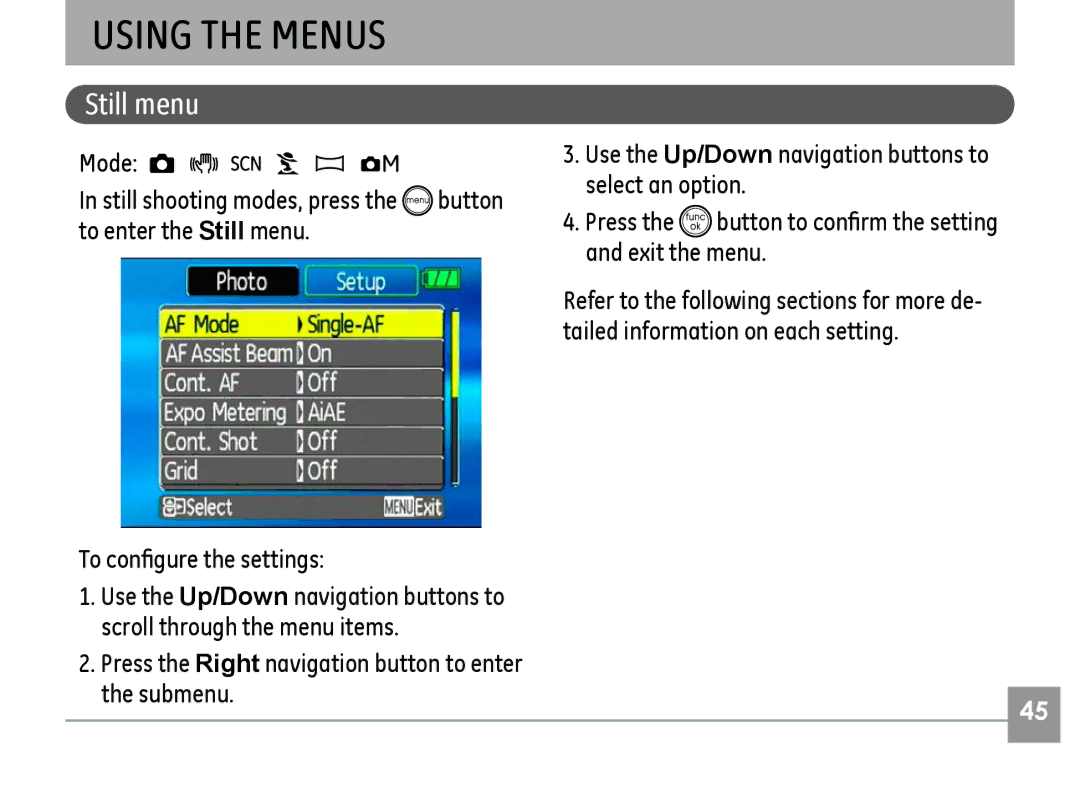 GE H855 manual Using the Menus, Still menu 