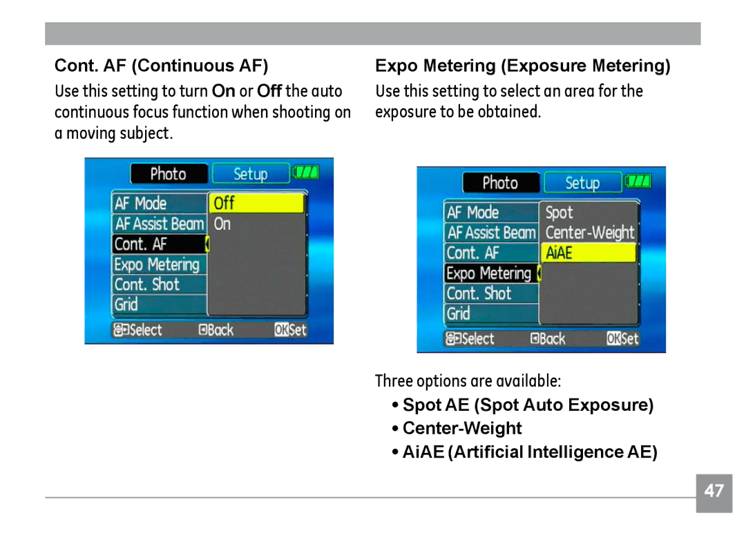 GE H855 manual Cont. AF Continuous AF, Expo Metering Exposure Metering 