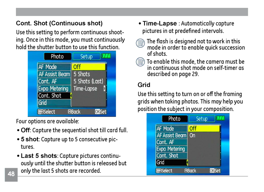 GE H855 manual Cont. Shot Continuous shot, Four options are available, Only the last 5 shots are recorded, Grid 