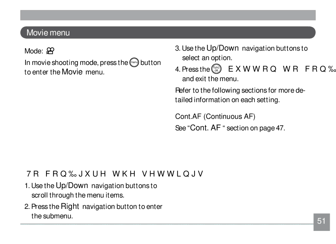 GE H855 manual Movie menu, See Cont. AF section on 