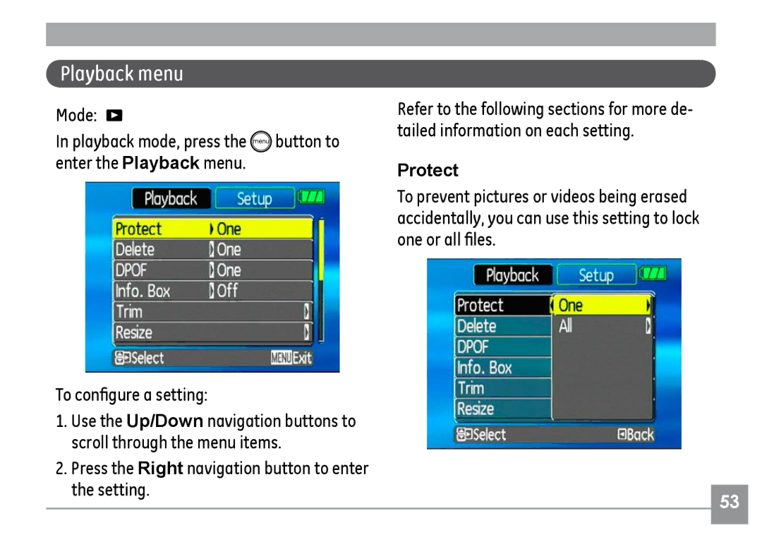 GE H855 manual Playback menu, Press the Right navigation button to enter the setting, Protect 