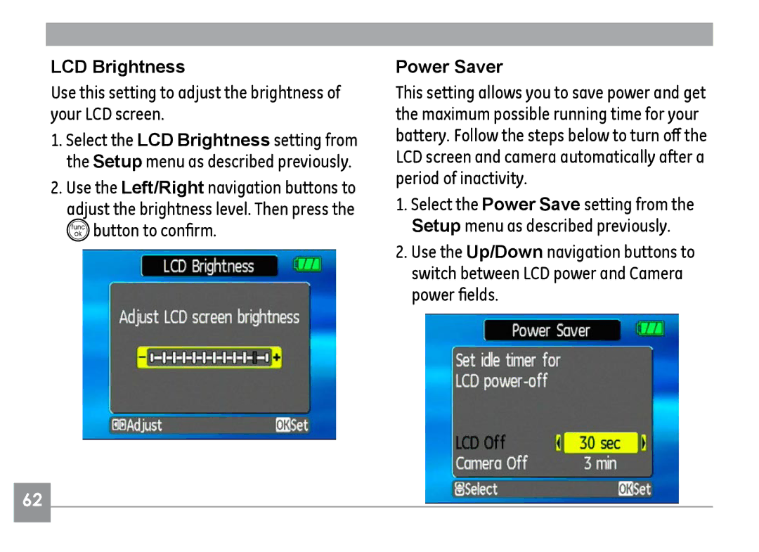 GE H855 manual LCD Brightness, Button to confirm, Power Saver 