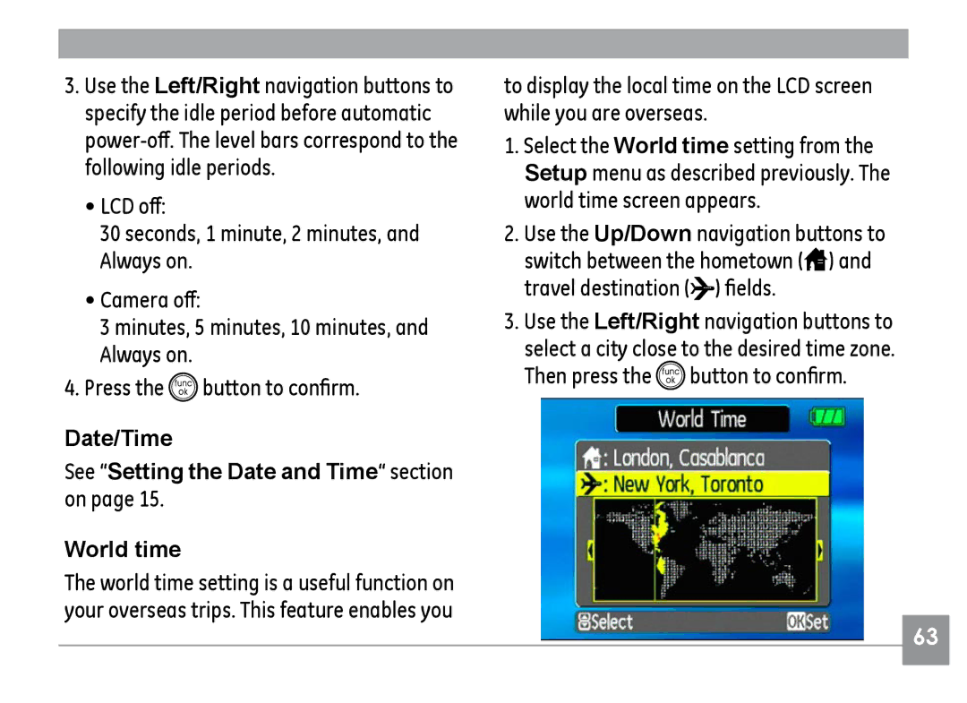 GE H855 manual Date/Time, See Setting the Date and Time section on, World time 